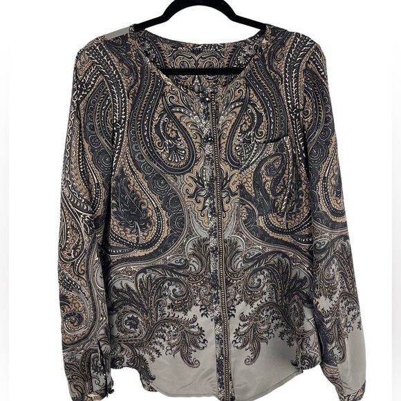 Robert Graham 100% Silk paisley grey & brown button down long sleeve blouse sz M - Picture 1 of 9